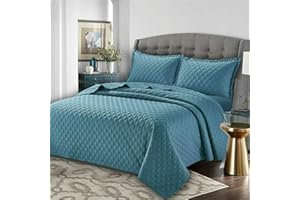 GENERIC Best Linen Quilted Bedspreads Bed Throw 3 Pcs Embossed Coverlet Bedding Set Includes 1 Comforter & 2 Pillow Cases (King, Inspiration Blue)