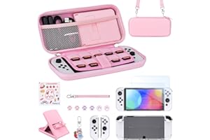 Younik Zestaw akcesoriów OLED, różowy przełącznik 15 w 1, zestaw akcesoriów OLED, zawiera etui do przenoszenia z 9 przegródkami na karty do gier, regulowany stojak, etui ochronne na konsolę Switch i