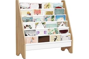 CHOEZON 6-Tier Kids Bookshelf, Children's Bookcase, Magazine and Book Storage Rack, Large Capacity Sling Book Organizer, Book Shelf for Kids Room, Bedroom, Nursery, White and Natural DMCW07WB