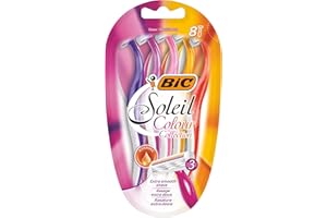 BIC Miss Soleil Colour Collection 3-Blade Razors for Women with Easy Grip Handle and Lubricating Strips, Pack of 8