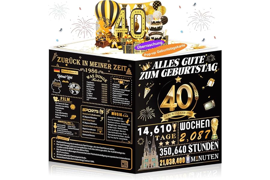 Produktabbildung zu OLOSONG Geburtstagskarte 40 | 3D Pop Up Karte Geschenke Zum 40 Geburtstag für Mann Frau, Back in 1986 Lustige Deko 40. Geburtstag Für Mama Papa Ehemann Ehefrau Freunde Ihn und Sie, Mit Umschlag