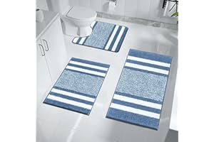Pauwer Non Slip 3 Pieces Bath Mats and Toilet Mat Set Super Water Absorbent Bath Rug Sets Machine Washable Microfiber Shaggy Shower Floor Mats for Bathroom