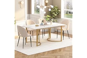 ‎MERAX Merax Esstisch 140x80cm,Rechteckiger Marmormuster Esstisch, für 4-6 Personen, Metallrahmen, verstellbareTischbeine, geeignet für Restaurant, Wohnzimmer, Küche,Wohnzimmer, Weiß/Gold