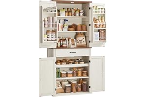 VASAGLE Buffet Haut Cuisine, Meuble de Rangement, Armoire, Vaisselier, Hauteur 178,6 cm, avec Tiroir, Placards, Étagères Réglables, pour Salon, Cuisine, Blanc Rustique BBK364W02
