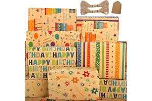 Bonkee Wrapping Paper Birthday Gift Wrap Set with Tag String-Eco Gift Wrapping Paper Sheets Recyclable Kraft Present Wrapping Paper Birhtday Paper Birthday Wrap for Men Women Girl Boy