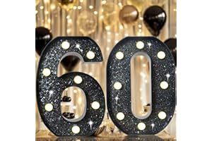 VIMLITS 8.8" Decorative LED Light Up Numbers, Glitter Marquee Numbers Lights for 60th Birthday Decorations, Shiny Lighted Number Sign for Birthday Party Wedding Anniversary Home Decor, Glitter Black 60
