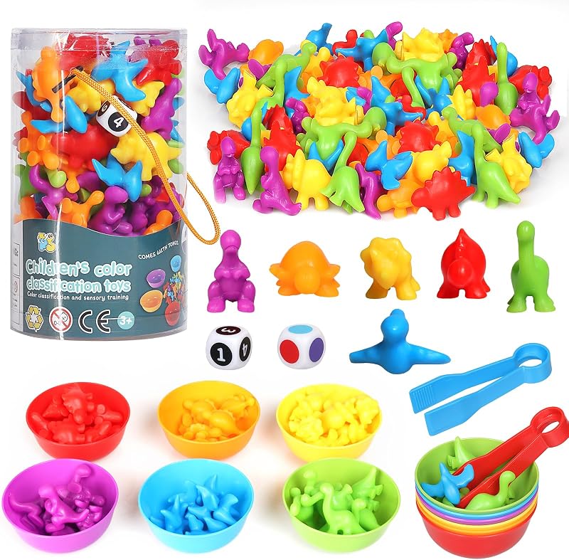 TOSUTO Juguetes Montessori,48 Piezas Juguetes de Dinosaurios para Contar con Tazas y Pinzas,para Aprender a Contar Colores Habilidades motoras Finas,Juguetes Educativos para Niños 2 3 4 años