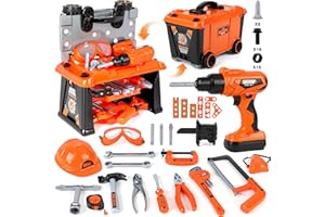 MOMOSTAR Cassetta Attrezzi Bambini, 2 in 1 Banchetto da Lavoro Bambini, Attrezzi da Lavoro Bambinis con Trapano Elettrico Giocattolo, Regali per 3 4 5 6 7 Anni Ragazzi e Ragazze
