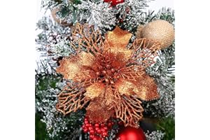 GLITZFAS 12 Stück Glitter Weihnachtsbaum Dekoration, Weihnachtsbaumschmuck Ornament Weihnachten Blumen Dekor, Christbaumanhänger (Orange,9 cm)