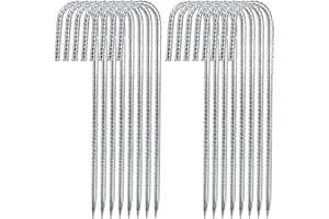 Hacaroa 16 Pack 12 Inch Rebar Stakes, J Hook Tent Stake Ground Anchors Heavy Duty, Galvanized Metal Garden Stakes Chain Link Fence Stakes for Trampoline, Canopy, Yard, Inflatables, Sharp Point End