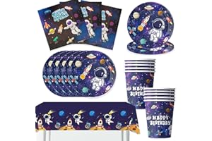 Bikasun Outer Space Party Supplies Tableware Set, Astronaut Paper Plates Cups Napkins Tablecloth Rocket Starry Night Solar System Decoration Children's Birthday Boy 10 Guests