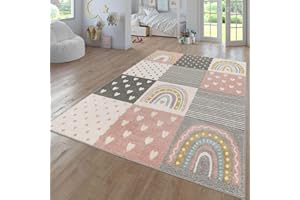 TT Home Tappeto Bambini Cameretta Bambina Ragazzi Moderno Arcobaleno Nuvola Motivo Con Animale Colorato, Colore:Grigio Rosa Crema, Dimensione:120 cm tondo