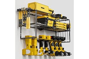 SKUTZTEK 3 livelli di stoccaggio attrezzi per 7 utensili elettrici, supporto da parete per trapano a percussione, avvitatore a batteria e utensili, scaffale per attrezzi con supporto per cacciavite