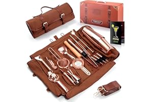 Eligara Reise Bartender Kit mit Tasche, 17-teiliges Kupfer Barwerkzeug Set Cocktail Shaker Set, Tragbare Gewachste Canavs Tasche mit Schultergurt für Barkeeper, Partys, Campingausflüge