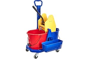 AmazonCommercial Chariot de lavage avec double seau, presse essoreuse et panier à accessoires 17 L