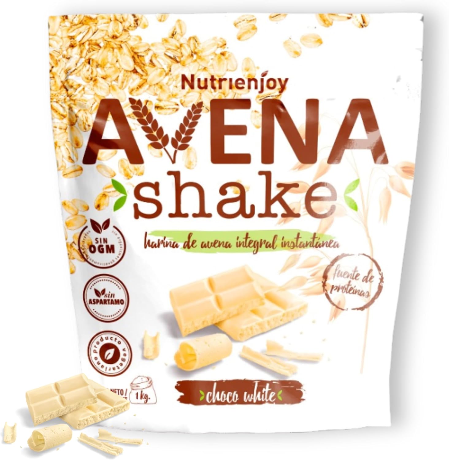 NutriEnjoy - Avena Shake 1Kg | Copos de Avena Integral Molidos | Harina de Avena Sabores | Avena en Polvo | Harina de Avena Integral | Avena Instantánea Sabores Deliciosos (Chocolate Blanco)