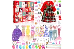 FESTFUN 2025 Calendrier de l'Avent Calendrier de Compte à Rebours de Noël Surprise Y Comprise 57 Pcs Vêtements & Accessoires de Poupée Robes, Tenues, Chaussures de Poupée, etc. Calendrier du Festival de Noël