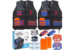 INNOCHEER Taktische Weste 2 Pack für Kinder, Taktische Weste Jacke Kit mit 100 er Darts, 2 Brille, 2 schnell nachladen Clips, 2 Maske und 2 Armbände