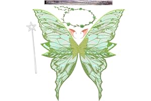 JIAHUADE Ailes de Fée Enfant,Ailes de Papillon,Ailes de Fée Adulte, Oreilles d'Elfe,Bandeau de Fée Et Baguettes de Fée Étoile, Cosplay, Fête d'anniversaire,Costume d'Aile pour Carnaval ou Soirées (Vert)