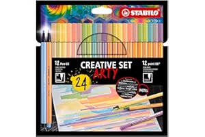 Estuche ARTY Creative Set con 12 rotuladores premium STABILO Pen 68 y 12 rotuladores punta fina point 88
