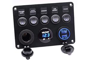 Etrogo 5 Gang Panneau de Interrupteur à Bascule on-Off avec Chargeur Double USB avec Imperméable Voltmètre Numérique avec Allume-Cigare pour Voiture Bateau Camion RV Camping-Car (Bleu)