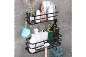 ACMETOP Duschablage ohne Bohren 2 Stück Duschablage Aluminium rostfrei Duschregal hängend bis 10 KG Tragfähigkeit Duschkorb mit 3 Haken für Rasierapparat, Handtuch, Bürste und ​Duschschwamm Schwarz