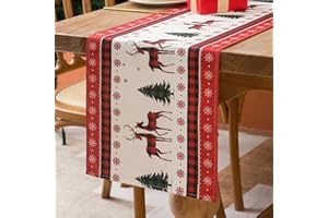 VELVHOM Runner da Tavola Moderno Natalizio Runner da Tavola Rustico Rosso Runner da Tavolo Cucina in Lino Albero di Natale Alce Motivo per la Decorazione Della Tavola Delle Cene Festive 40x140 cm