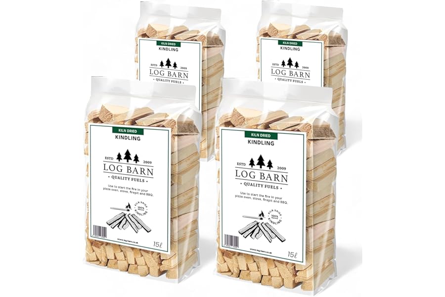 Log Barn Kiln-Dried Kindling Wood for Wood Burner – approx. 10kg (4 x 15l Bags) | Bumper Pack Kindling Sticks for Log Burners, Fire Pits, Pizza Ovens & Open Fires - Ideal for Home & Commercial Use