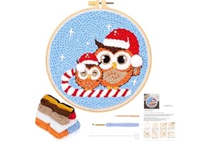 JSRQT Punch Needle Kit Natale, Kit di Aghi Punzonatura con Motivo a Gufo Natalizio, Ricamo Starter Kit Punch Needle per Bambini Adulti, Kit per Principianti per Ricamo con Strumento per Punch Needle