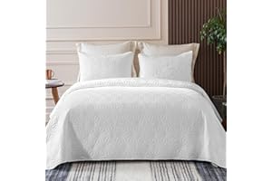 Whale Flotilla - Colcha para cama (260 x 280 cm, con 2 fundas de almohada, gofrado suave y ligero, con diseño geométrico para 4 estaciones, color blanco)