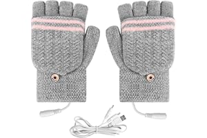 Flintronic Guantes Calefactables USB, Guantes Térmicos USB Unisex de Invierno, Guantes de Medio Dedo con Cubierta para el Dedo, Guantes de Tejer Lavables para Ciclismo/Esquí/Portátiles/Oficina-Rosa