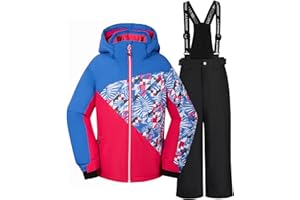 SMONTY Combinaison de neige pour filles Ensemble veste et pantalon de ski d'hiver bretelles à capuche Coupe-vent Imperméable Chaud(Rouge-bleu coloré, 8-9)