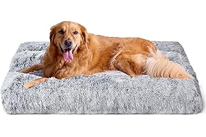 EHEYCIGA Extra Large Dog Bed XL, Fluffy Calming Dog Bed Anti Anxiety Crate Bed Washable Cushion with Anti-Slip Bottom, Grey, 112x85x10cm