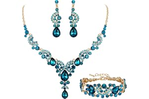 EVER FAITH Conjunto de Joyas de Cristal Nupcial Art Deco Floral Collar de lágrima Conjunto de Pendientes y Pulsera Azul Cielo Tono Dorado