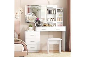 VOWNER Toeletta Trucco, Toeletta con Luci LED, 3 Tonalità con Luminosità Regolabile, con Presa e Sgabello,5 Cassetto e 6 Ripiani, 40P x 120L x 142H cm (Blanc)
