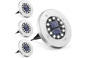 GIGALUMI Luci solari da terra Luce solare per giardino 12 LED 4 pezzi, luci bianche da giardino in acciaio inox impermeabile per esterno, giardino, patio, prato, cortile, passerella