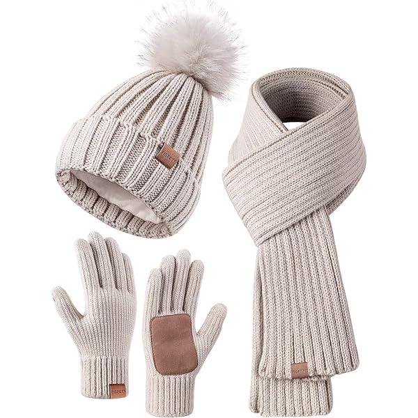 Damen Beanie & Handschuhe Set Winter - Gestrickte Mütze Mit Pom Pom Und Touchscreen Handschuhe
