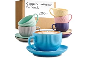 Cosumy Cappuccinokoppar med handtag 200ml - Set om 6 med fat - Unikt randigt mönster - Matt keramik - Tål maskindisk - Färgst