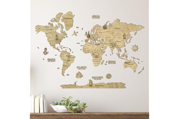Creatifwood Carte du Monde Murale en Bois 2D – Mappemonde Bois Décorative | Planisphère Mural | Wooden World Map | Décoration Murale Salon Bureau | Idée Cadeau Voyageur (Light, 80L x 55l cm)