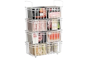 UMDONX 4 Pack Chest Freezer Baskets Organiser Storage Boxes - Stackable Kitchen Wire Rack for 198L Deep, Pantry Metal Shelf with Fold down Handle White