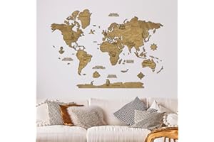 Creatifwood Mapa mundi madera 2D con Nombres Grabados de Países y estados para Marcar Viajes. Mapa mundi pared de madera multicapa Decoración para salón, Dormitorio y Oficinas. (Dark,100L x 70l cm)