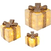 Bambelaa! 3er Led Deko Geschenke Leucht Boxen Timer Weihnachts Dekoration Weihnachtsdeko Beleuchtet Deko Weihnachten (Gold)