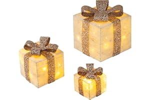 Bambelaa! 3 dekoracyjne prezenty z diodami LED, świecące pudełka, timer, dekoracja bożonarodzeniowa, oświetlenie bożonarodzeniowe, dekoracja na Boże Narodzenie (złote)