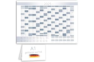 E&G KLASSE Kalendarz roczny XXL 2025 + styczeń 2026 r., planer roczny w formacie A1, w prostym niebiesko-białym wzornictwie z wakacjami i świętami, kalendarz ścienny, terminarz ścienny, kalendarz, składany