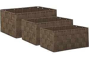 Brandsseller Lot de 3 Boîtes de Rangement – 22 x 15 x 11 cm, 21 x 13 x 9,5 cm, 19 x 11 x 8,5 cm – Paniers d’étagère carrés sans couvercle – aspect rotin tressé avec cadre en métal – Marron