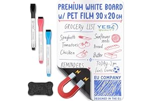 Magnetic Dry Erase Whiteboard Sheet for Fridge - A4 / 30x20 cm - Stain-Resistant w/ 3 Markers & Big Eraser with Magnet - by Yes4Quality