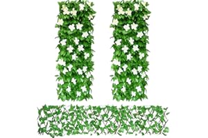 ZANKEOX 2Pcs Artificial Ivy Fence Screening, (40x20cm to 28x200cm) Expandable Garden Trellis Panel, Artificial Hedge Screening with White Orchid, Privacy Fence Screen for Garden Balcony Outdoor Decor