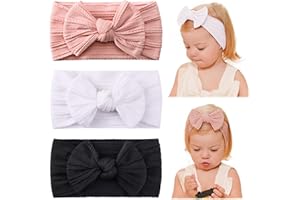 Jollybows 3 Pezzi Fascia Capelli Bambina, Nylon Fasce Capelli Neonata Fascia Elastica per Capelli con Fiocchi Accessori per Capelli per Nascita Bambina Femmina (Nero Bianco Rosa)