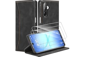Deisyzy Lederhülle für Samsung Galaxy A17 5G Hülle mit 2 Schutzfolie Premium Leder Handyhülle Kartenfach Klapphülle Standfunktion Flip Wallet Case Stoßfest Hülle mit Samsung A17 5G - Schwarz