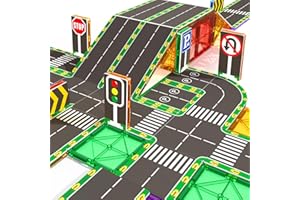 OBAKAER 64PCS Magnetic Tiles with Road Toppers Set, Kids Toys for 3+ Year Old Boys Girls, Magnet Building Blocks Add-on Pack, STEM Construction Toys for Ages 3 4 5 6 7 Christmas Birthday Gifts for Toddlers